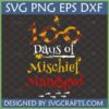 Harry Potter 100 Days of Mischief Managed SVG design for Cricut, featuring glasses, lightning bolt, wand, and footprints on a dark background.