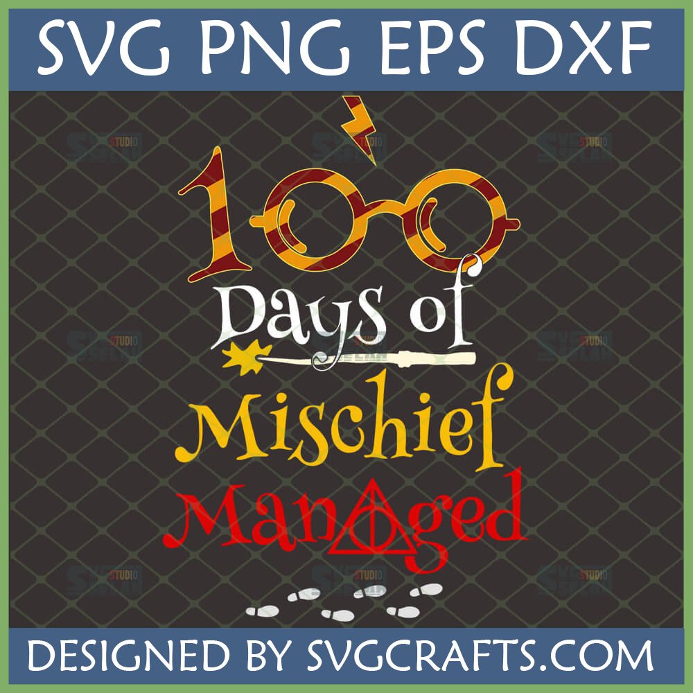Harry Potter 100 Days of Mischief Managed SVG design for Cricut, featuring glasses, lightning bolt, wand, and footprints on a dark background.