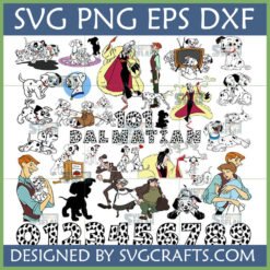 101 Dalmatians SVG Bundle with Pongo, Perdita, puppies, Cruella De Vil, and spotted numbers for Cricut