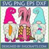 Three cute Easter Gnomes SVG PNG DXF designs for Cricut and sublimation crafts, featuring gnomes with bunny ears, a carrot, and a small bunny.