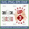 Baseball 3 Up 3 Down SVG PNG EPS DXF digital design bundle with baseball graphic and hand gesture for Cricut crafts.