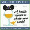 Whole New World Wine SVG design featuring a wine glass with Princess Jasmine's headband and Aladdin's magic lamp, with the text 'A bottle opens a whole new world'.