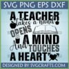 Teacher Appreciation SVG design with quote 'A teacher takes a hand, opens a mind, and touches a heart' featuring apples, a book, and pencils, in SVG PNG EPS DXF formats