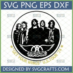 Aerosmith Get Your Wings 1974 Tour SVG featuring band member silhouettes and winged logo for Cricut and sublimation projects