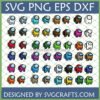 A large grid displaying 64 different colored Among Us character designs, with text 'SVG PNG EPS DXF' and 'DESIGNED BY SVGCRAFTS.COM'.
