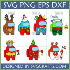 A collection of 7 Christmas-themed Among Us characters in SVG, PNG, EPS, DXF formats. Designs include Reindeer, Snowman, Elf, Gift, Christmas Tree, and Candy Cane Among Us crewmates.