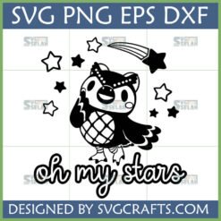 Whimsical black and white Oh My Stars Owl SVG design, featuring a Celeste-inspired owl character gazing at a shooting star amidst smaller stars.
