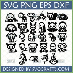 A collection of 28 Cute Skeleton Animal SVG Bundle designs, featuring various animals in a kawaii skull style for crafting.