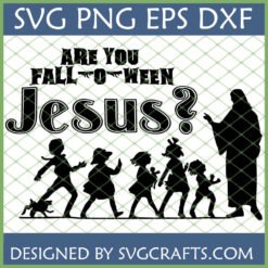 Are You Fall-O-Ween Jesus SVG design showing Jesus with children silhouettes for Christian Fall crafting