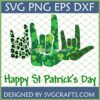 St Patrick's Day I Love You Hand SVG with green leopard, shamrock, and plaid patterns for Cricut
