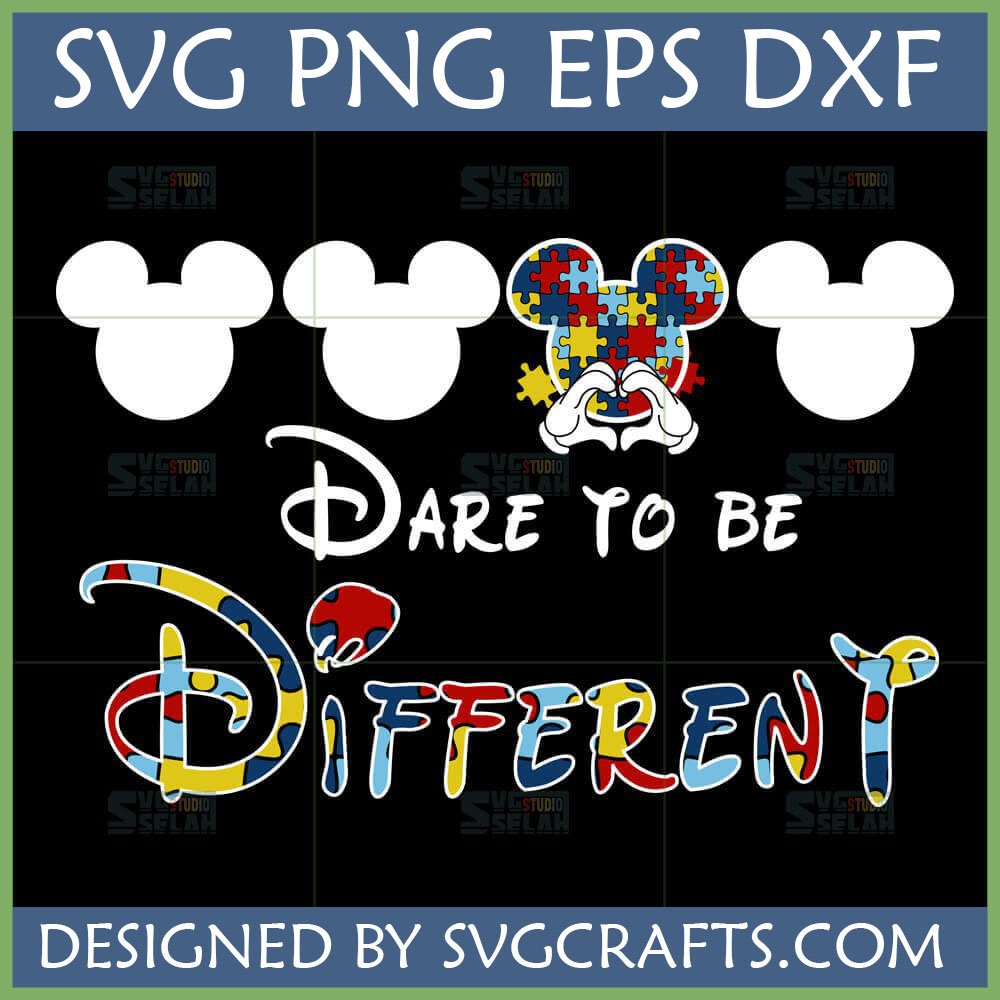 Autism Awareness Disney SVG Dare to be Different puzzle piece design with Mickey hands heart