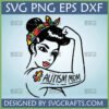 Empowering Autism Mom SVG design featuring a Rosie the Riveter-style woman with autism awareness puzzle pieces on her bandana and arm.
