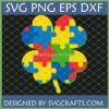 Autism Awareness St Patrick's Day SVG digital file with a four-leaf clover made of colorful jigsaw puzzle pieces for Cricut projects.