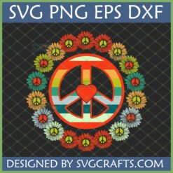 Retro Peace Sign Flower SVG for Cricut and Sublimation, featuring a groovy striped peace symbol within a daisy flower wreath.