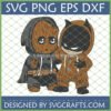 Cute Baby Groot Batman SVG digital design showing chibi Groot in cloak giving peace sign next to chibi Batman in brown onesie