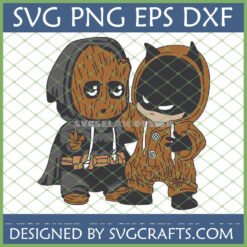 Cute Baby Groot Batman SVG digital design showing chibi Groot in cloak giving peace sign next to chibi Batman in brown onesie
