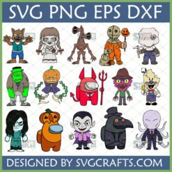 Collection of 12 Spooky Cute Halloween Horror Characters SVG designs including Frankenstein, Werewolf, Among Us, Siren Head, Sam, Freddy, Jason, Vampire, and Slender Man for Cricut.