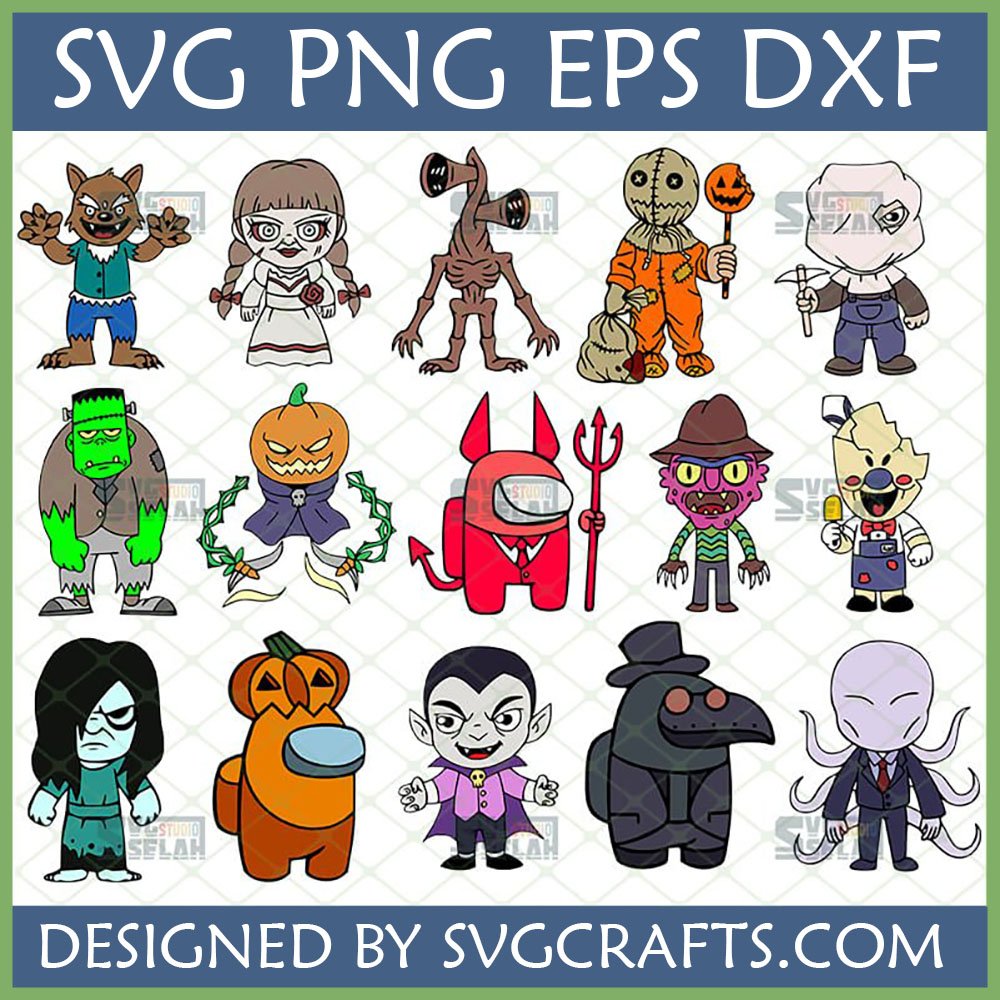 Collection of 12 Spooky Cute Halloween Horror Characters SVG designs including Frankenstein, Werewolf, Among Us, Siren Head, Sam, Freddy, Jason, Vampire, and Slender Man for Cricut.