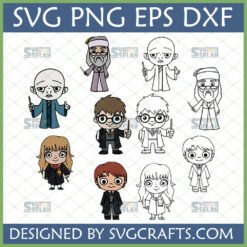 Chibi Harry Potter Characters SVG Bundle featuring Harry, Hermione, Ron, Dumbledore, Voldemort in color and outline