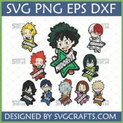 My Hero Academia Chibi SVG Bundle featuring Deku, Bakugo, Todoroki, Kirishima, Kaminari, Asui, Uraraka, Iida, Aizawa, Shigaraki with star name tags for Cricut and sublimation.