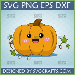 Cute Pumpkin SVG digital design with a happy face, green leaves, and vines for fall and Halloween crafts.