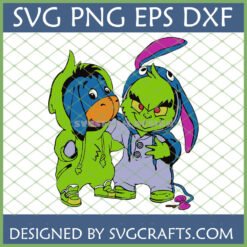 Funny Grinch Eeyore SVG design featuring Eeyore in a green donkey costume and Grinch in a blue bunny costume, perfect for Cricut crafts.