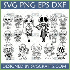 Cute Horror Movie Characters SVG Bundle with Chibi Michael Myers, Jason, Freddy, Pennywise, Chucky, Ghostface, Joker, Jack Skellington, Sally, Saw Puppet, Rick Sanchez, Zombie, and a flaming skull monster.
