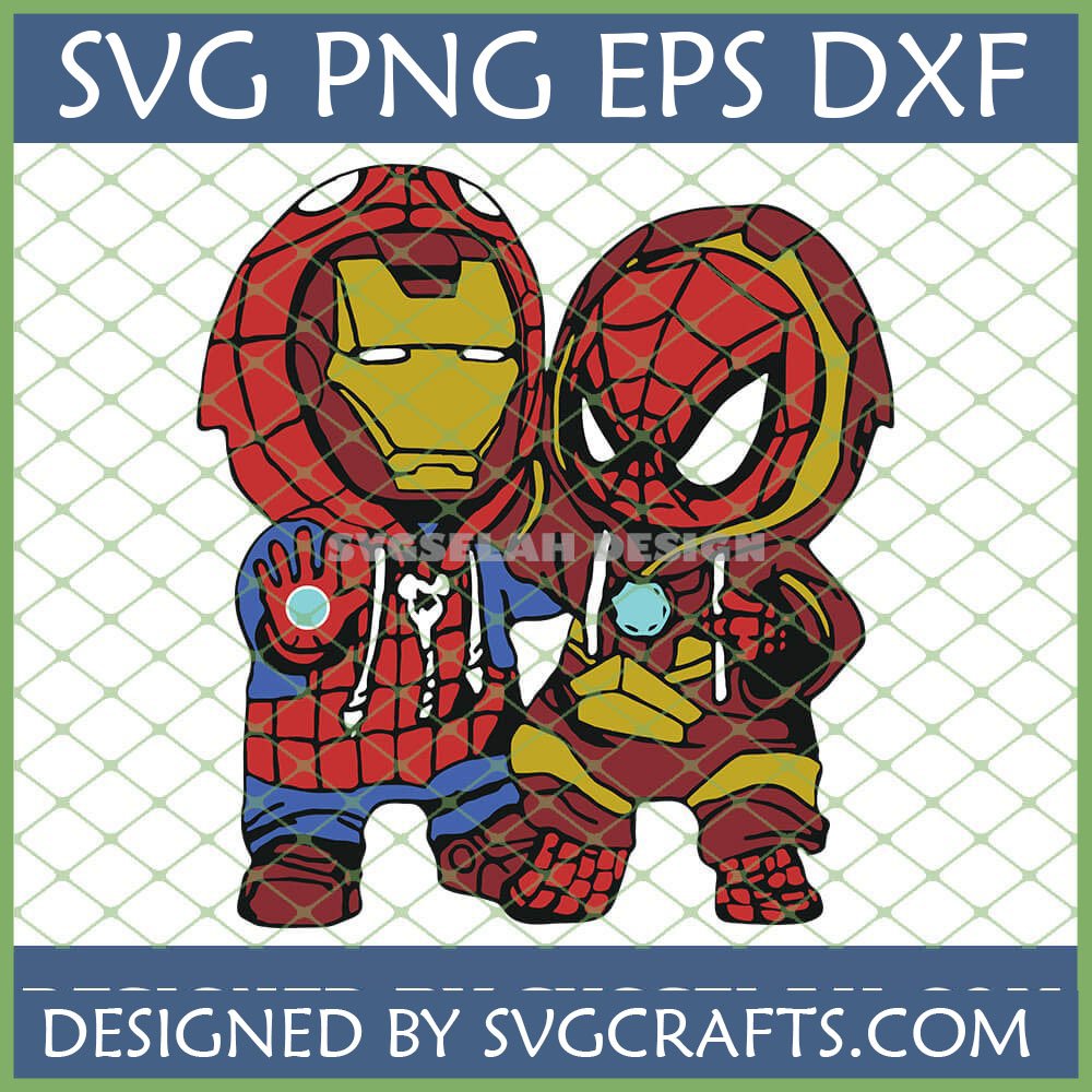 Chibi Spider-Man and Iron Man wearing each other's themed hoodies SVG for crafting