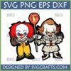 Two Chibi Pennywise SVG designs, one classic and one modern, holding an IT balloon, for Halloween crafts.