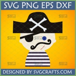 Cute Pirate SVG design with eye patch, mustache, and skull & crossbones hat for Cricut projects