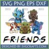 Cute Movie Character Friends SVG Bundle featuring Toothless, Grogu, Baby Groot, Stitch, and Gizmo in a 'Friends' TV show logo style, optimized for Cricut and sublimation.