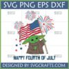 Baby Yoda (Grogu) holding an American flag with fireworks and 'Happy Fourth of July' text, in SVG, PNG, EPS, DXF formats.