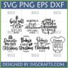 Collection of First Christmas SVG designs for baby and family, including birth stats and personalized names.