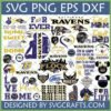 Large collection of Baltimore Ravens SVG designs including logos, helmets, football mom dad text, and fan slogans for Cricut and sublimation.