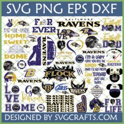Large collection of Baltimore Ravens SVG designs including logos, helmets, football mom dad text, and fan slogans for Cricut and sublimation.