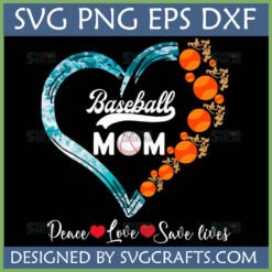 Baseball Mom SVG PNG DXF EPS Heart Design with Teal Camo and Orange Baseballs