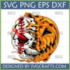 Halloween Baseball Skull SVG design, half baseball with red stitching, half melting jack-o'-lantern skull
