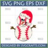 Cute Baseball Snowman SVG design with Santa hat, carrot nose, and baseball stitching for Christmas crafts.