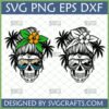 Tropical Messy Bun Skull SVG design with hibiscus and palm trees reflecting in sunglasses, perfect for summer beach crafts