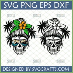 Tropical Messy Bun Skull SVG design with hibiscus and palm trees reflecting in sunglasses, perfect for summer beach crafts