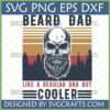 Beard Dad SVG design featuring a bearded skull, retro sunset, and pine trees, with text "Like a regular dad but cooler."