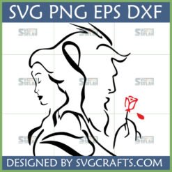 Elegant line art Beauty and the Beast SVG featuring Belle and the Beast profiles with an enchanted red rose, perfect for Cricut and sublimation crafts.