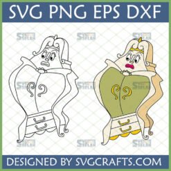Beauty and the Beast Wardrobe SVG and PNG digital design showing Madame de Garderobe in outline and colored versions for crafting.