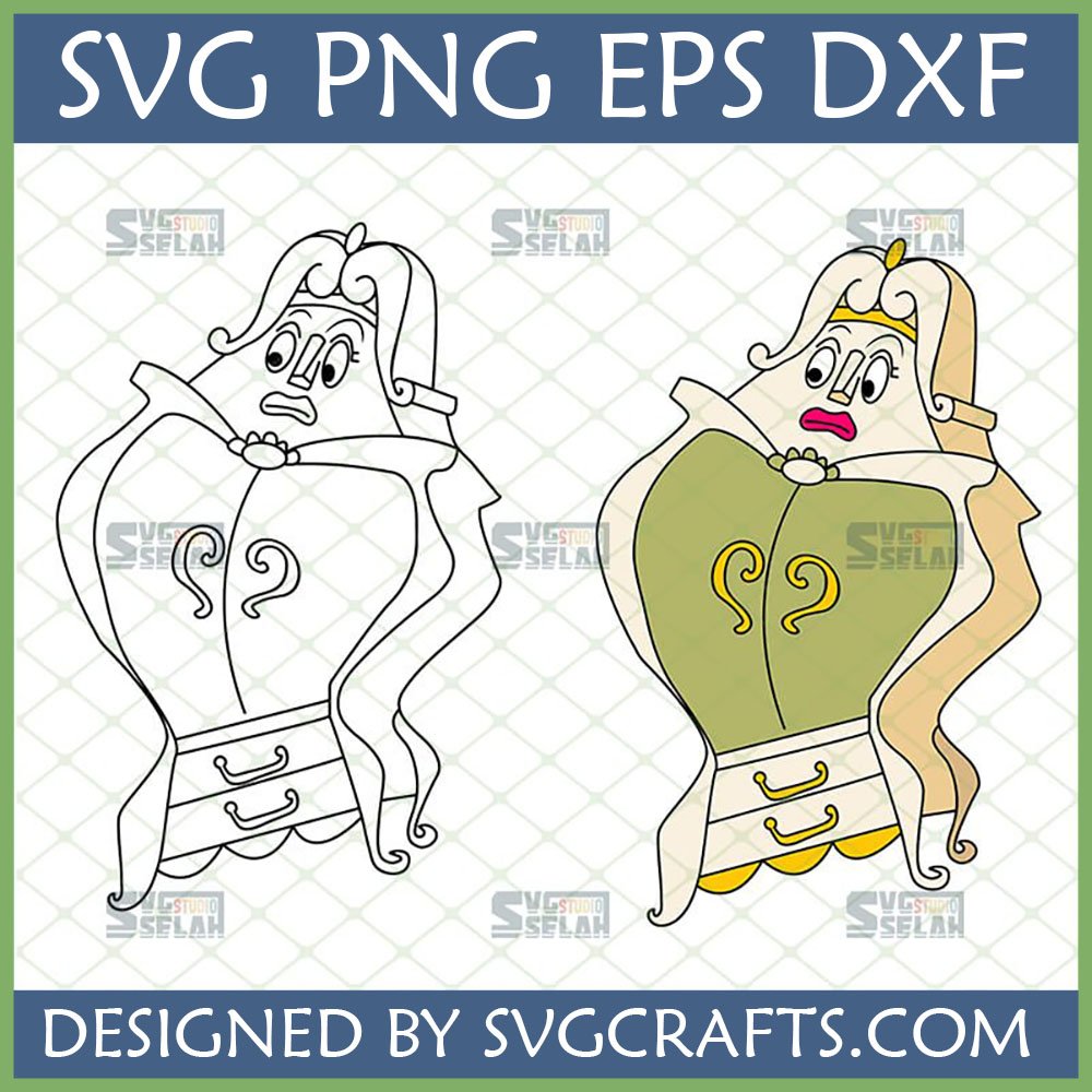 Beauty and the Beast Wardrobe SVG and PNG digital design showing Madame de Garderobe in outline and colored versions for crafting.