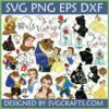 A collection of Beauty and the Beast SVG designs featuring Belle, Beast, and the enchanted rose, ideal for Cricut and Silhouette crafting.