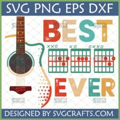 Retro 'Best Ever Guitar Chords' SVG design with acoustic guitar and musical notes for Cricut projects
