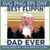 Best Flippin' Dad Ever SVG design featuring a cute pig chef giving a thumbs up, with retro stripes and pine trees background, suitable for Cricut and sublimation.
