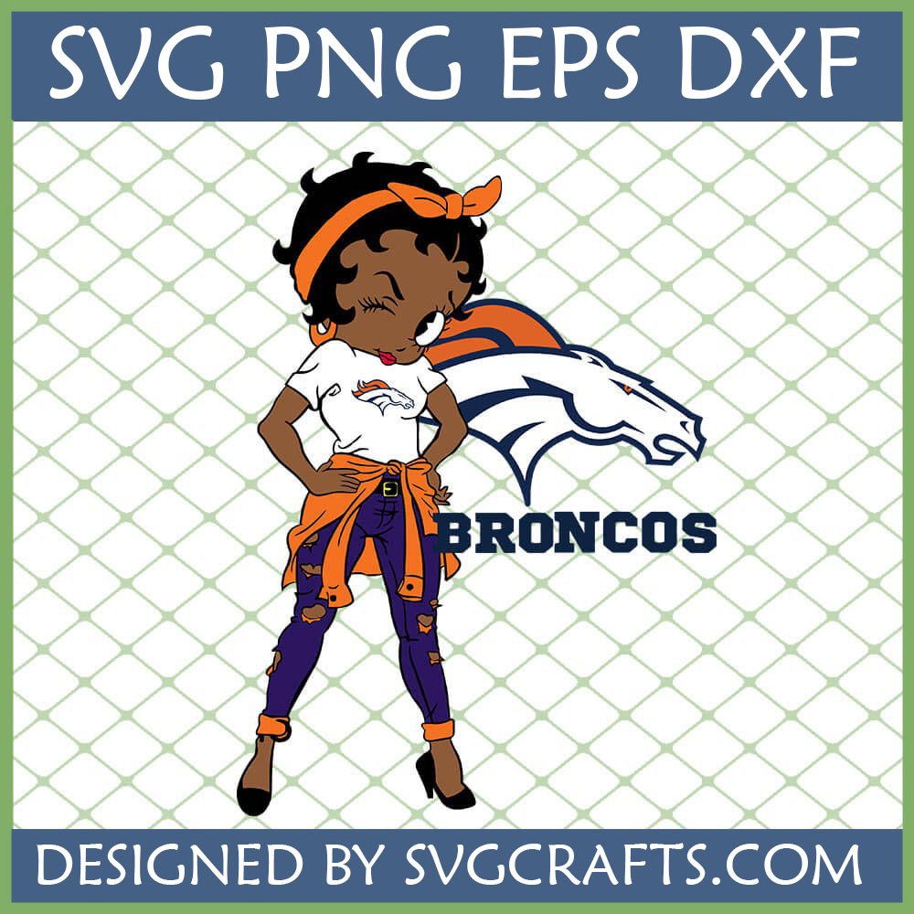 Stylish Betty Boop character in Denver Broncos attire, winking, with Broncos logo and text, available as SVG PNG EPS DXF files from SVGCrafts.