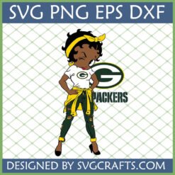 Sassy Green Bay Packers Fan SVG design featuring a stylish female character in team colors with ripped jeans and a yellow headband, alongside the Packers logo, perfect for Cricut and sublimation crafts.