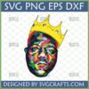 Vibrant geometric mosaic portrait of The Notorious B.I.G. wearing an iconic crown, presented as a Notorious BIG Crown SVG file for crafts.